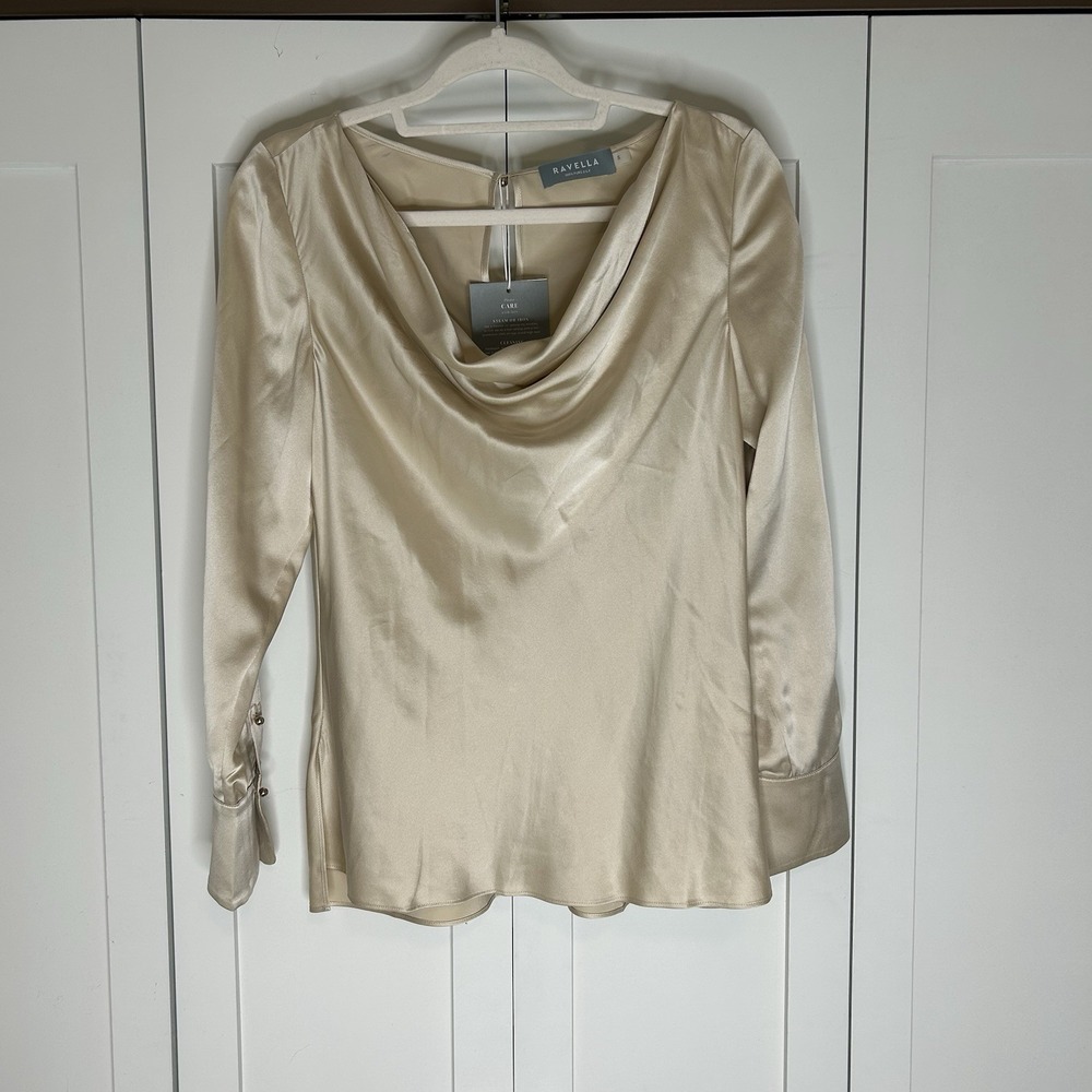 Ravella Top Women's Small Claudia Pure Silk Cowl Neck Blouse Prosecco Gold